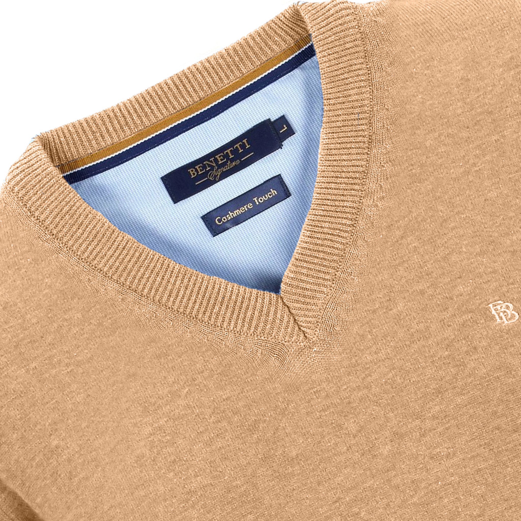 Benetti V Neck 100% Cotton Knitwear in Biscuit Close Up