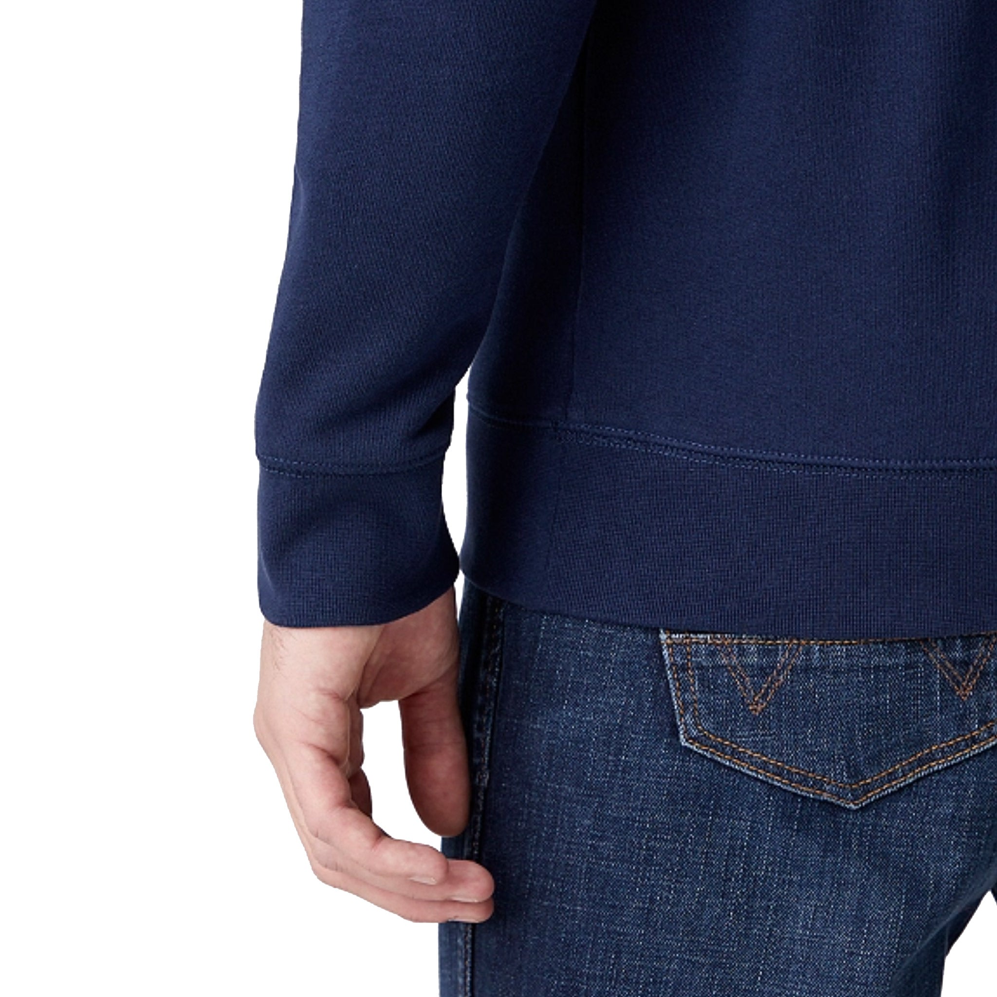 Wrangler Sign Off Sweatshirt in Navy Worn By Model Showing Sleeve & Cuff Detail