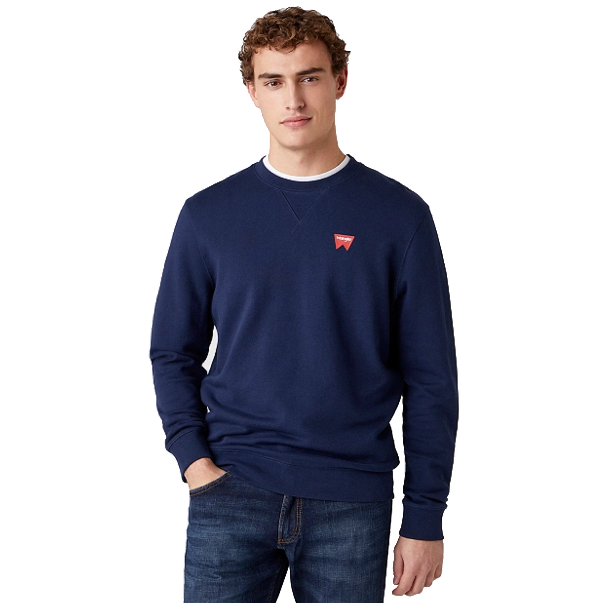 Wrangler Sign Off Sweatshirt in Navy Worn By Model With Hand In Pocket