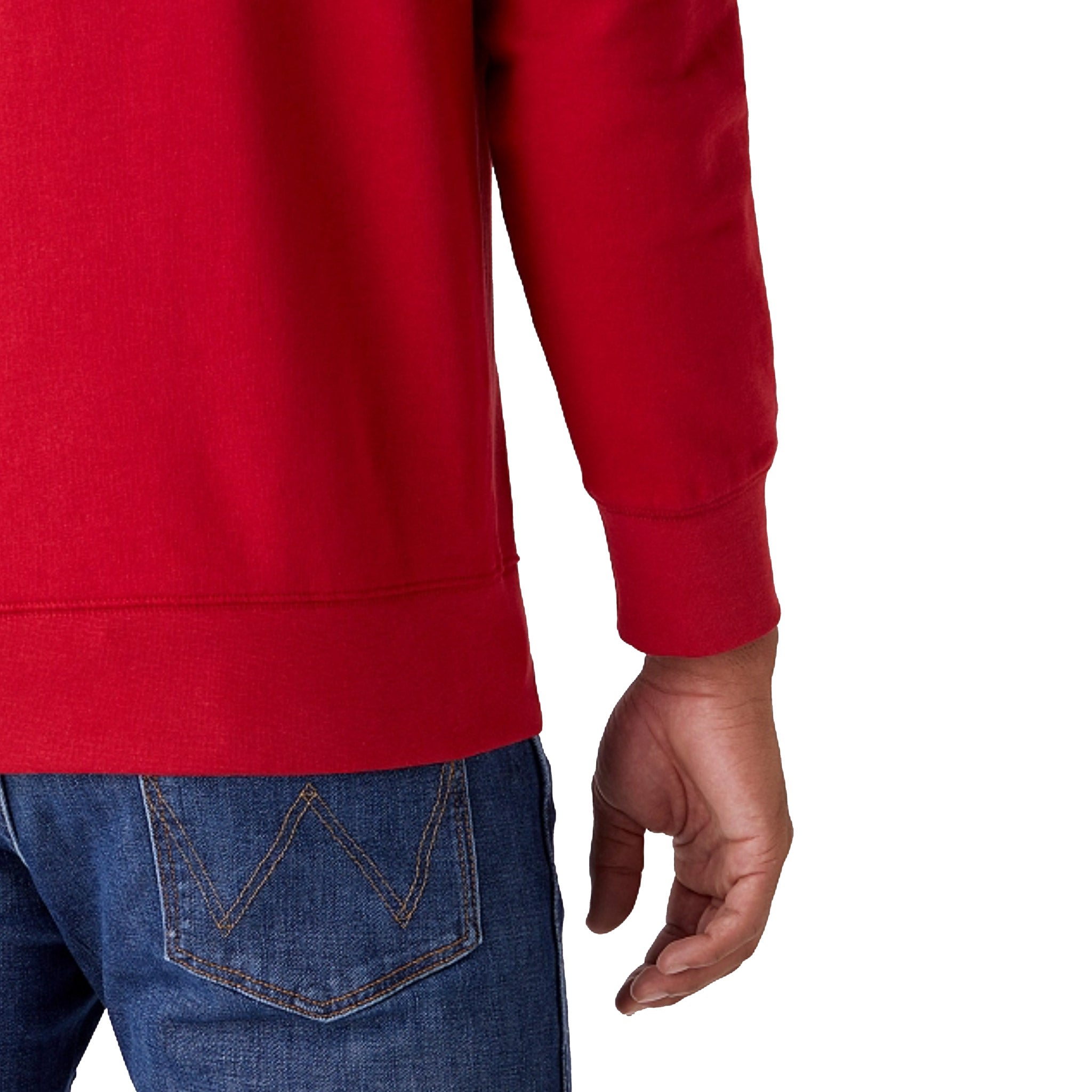 Wrangler Sign Off Sweatshirt in Red Worn By Model Showing Cuff & Hem Details