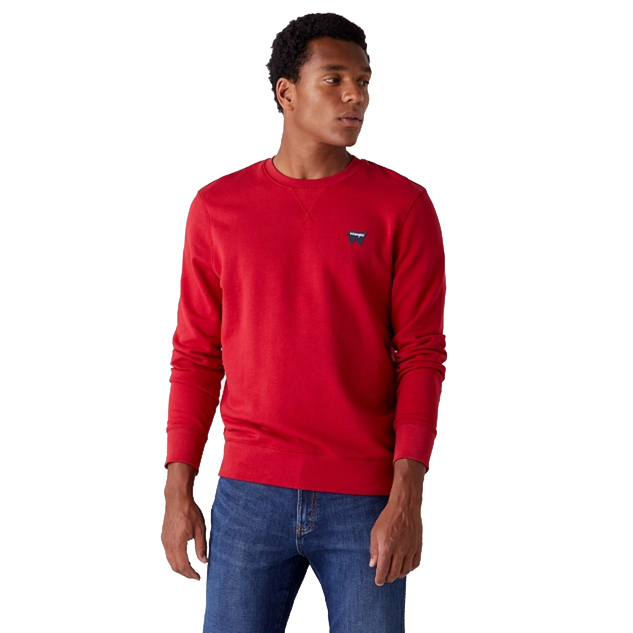 Wrangler Sign Off Sweatshirt in Red Worn By Model Looking to The Right