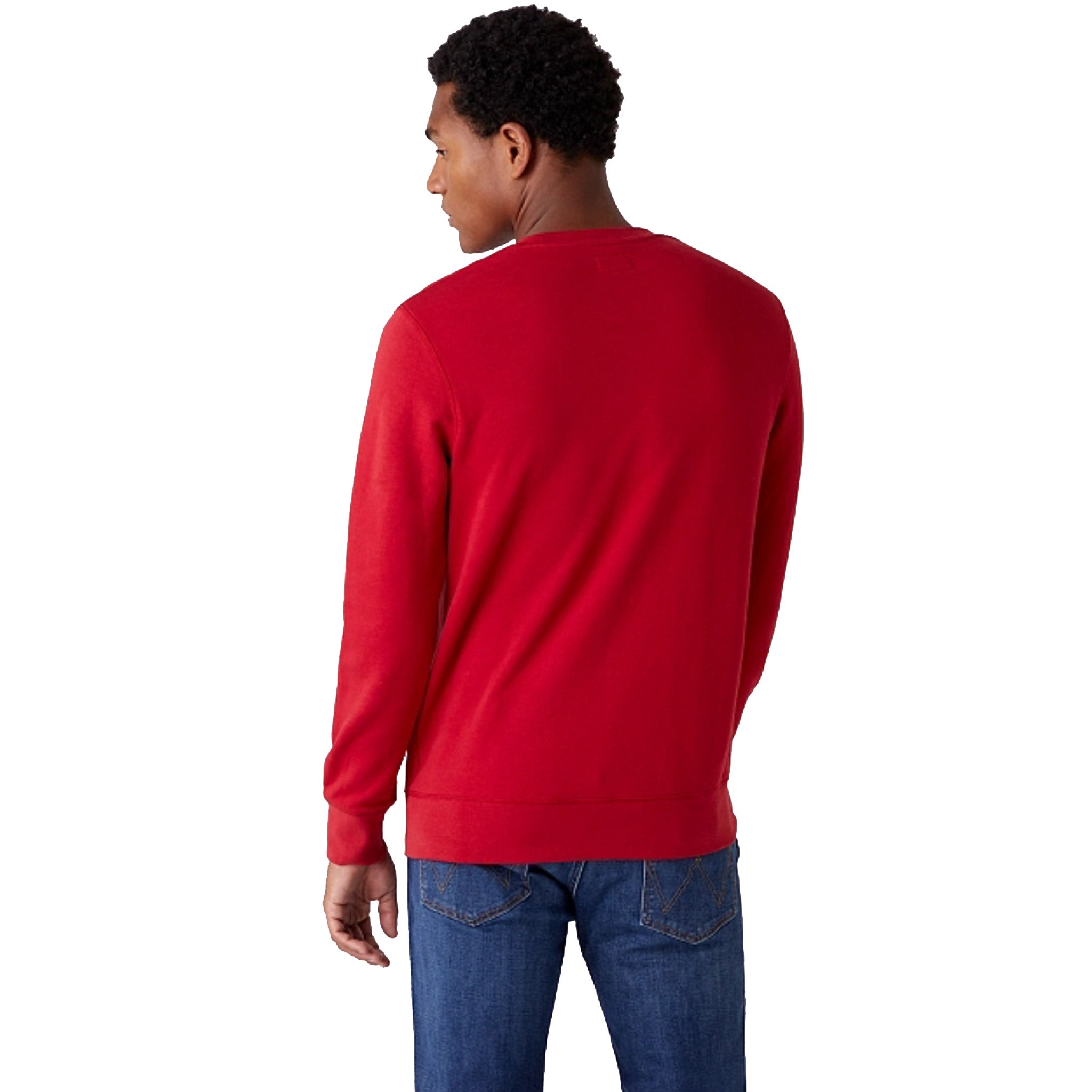 Wrangler Sign Off Sweatshirt in Red Worn By Model Shown From Behind